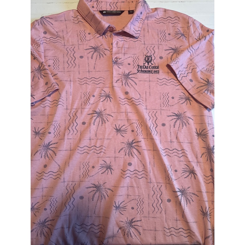 TravisMathew Polo Shirt Mens Large Pink Excellent St Andrews Links Palm‎ Print
